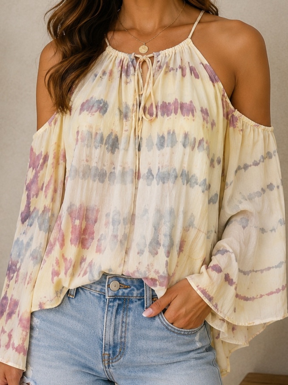 Blue Life Cold Shoulder Tie Dye Blouse